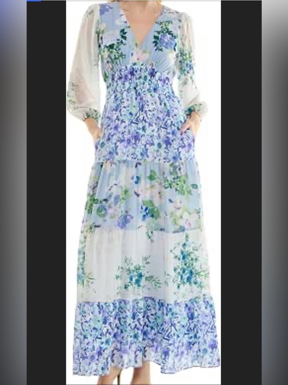Maison Tara Blue Floral Maxi Dress with Green Accents